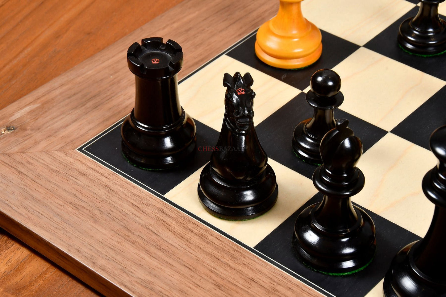 Reproduced 1849 Original Staunton Pattern Triple Weighted Chess Pieces in Genuine Ebony & Antiqued Boxwood - 4.5" King w/ King Side Stamping