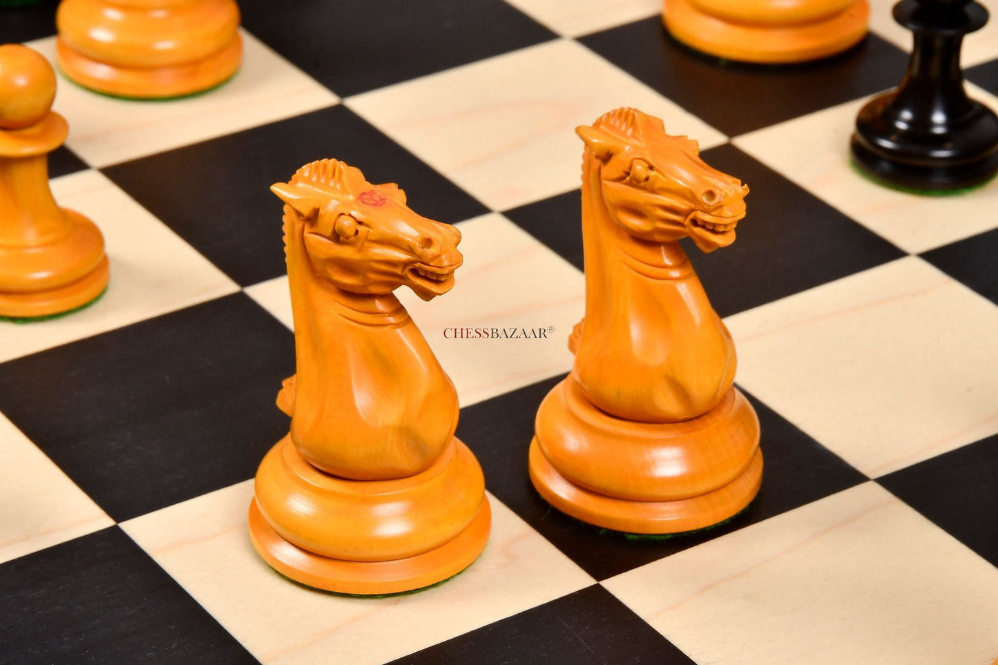 Reproduced 1849 Original Staunton Pattern Triple Weighted Chess Pieces in Genuine Ebony & Antiqued Boxwood - 4.5" King w/ King Side Stamping