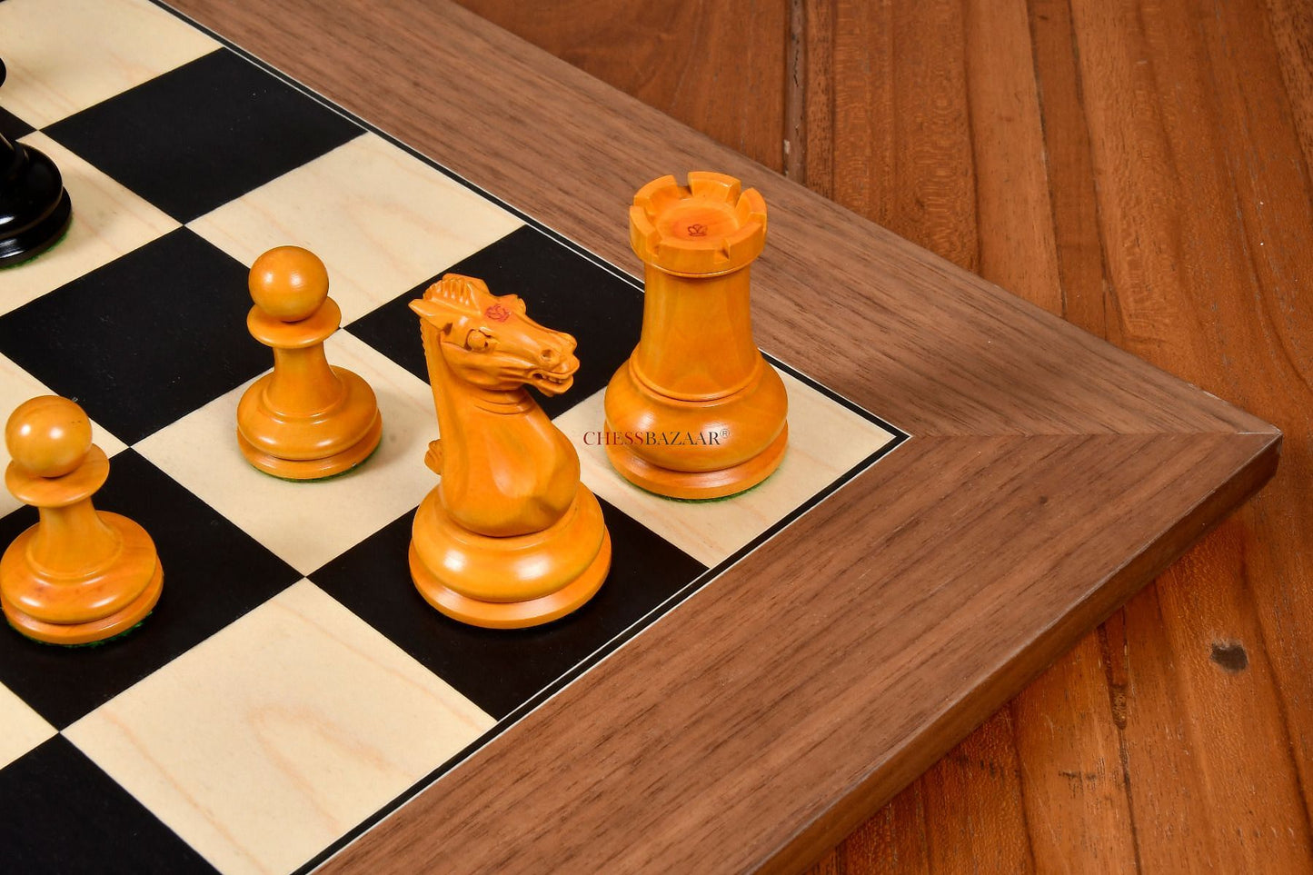 Reproduced 1849 Original Staunton Pattern Triple Weighted Chess Pieces in Genuine Ebony & Antiqued Boxwood - 4.5" King w/ King Side Stamping