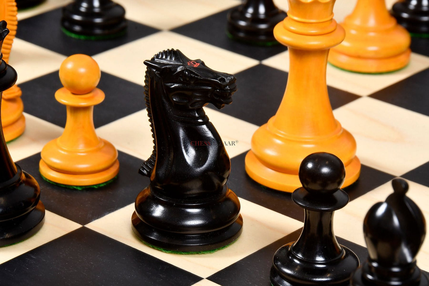 Reproduced 1849 Original Staunton Pattern Triple Weighted Chess Pieces in Genuine Ebony & Antiqued Boxwood - 4.5" King w/ King Side Stamping