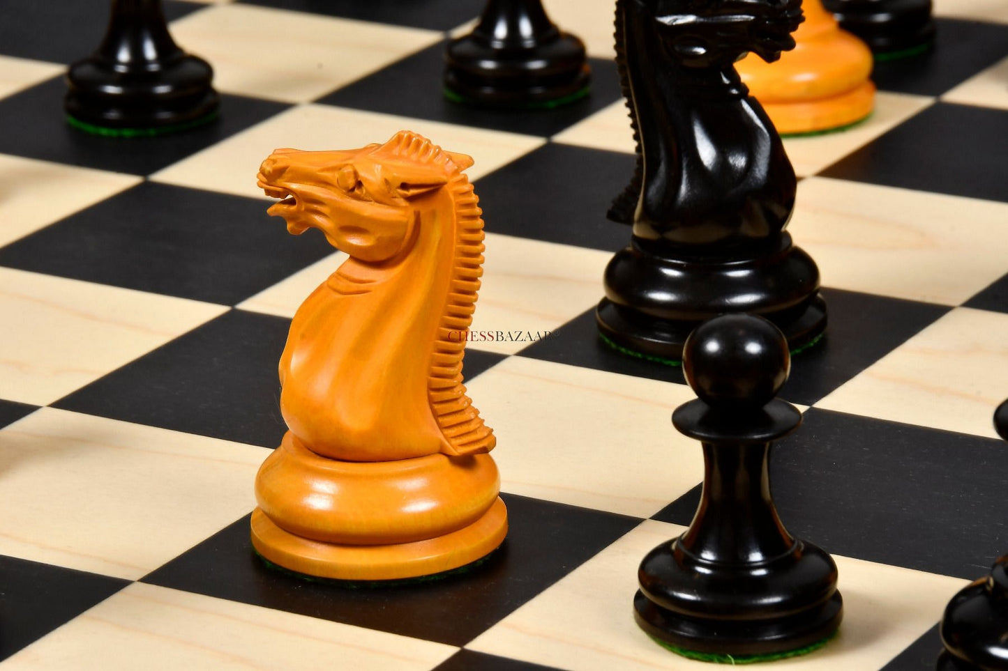Reproduced 1849 Original Staunton Pattern Triple Weighted Chess Pieces in Genuine Ebony & Antiqued Boxwood - 4.5" King w/ King Side Stamping