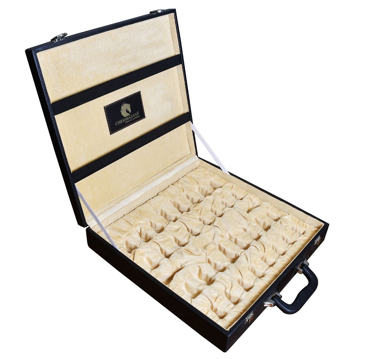 Black Leatherette Chess Set Storage Box Coffer for up to 15" Chessboard and Slots for Chess Pieces up to 3.0"