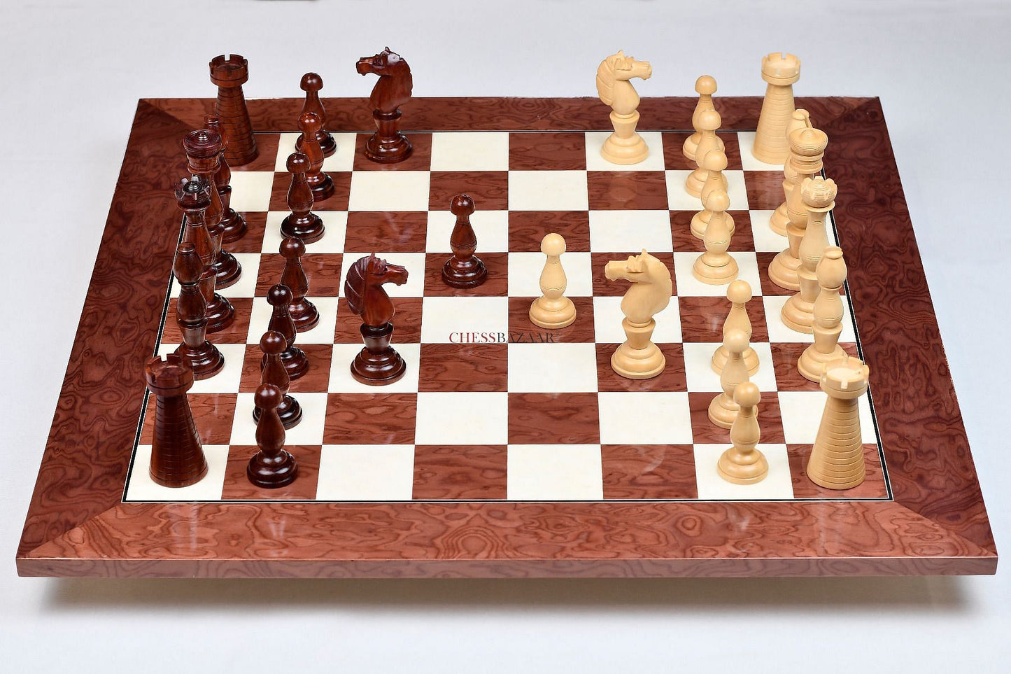 Combo of The Grand Divan Chess Pieces from Simpson's-in-the-Strand in Bud Rosewood & Boxwood with Board & Storage box-4.2" King w/ Extra Queens