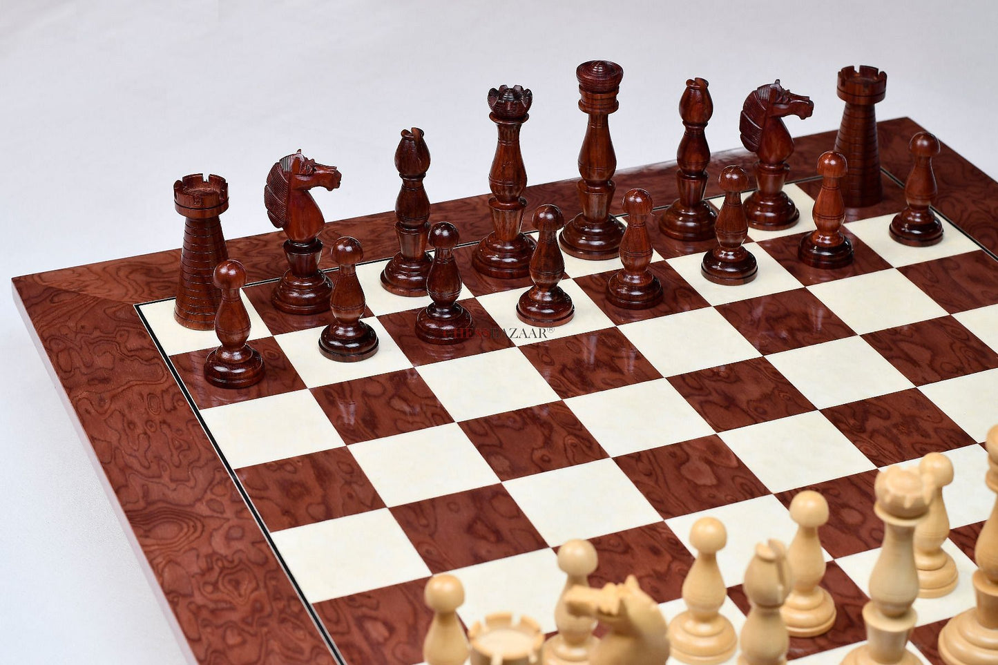 Combo of The Grand Divan Chess Pieces from Simpson's-in-the-Strand in Bud Rosewood & Boxwood with Board & Storage box-4.2" King w/ Extra Queens