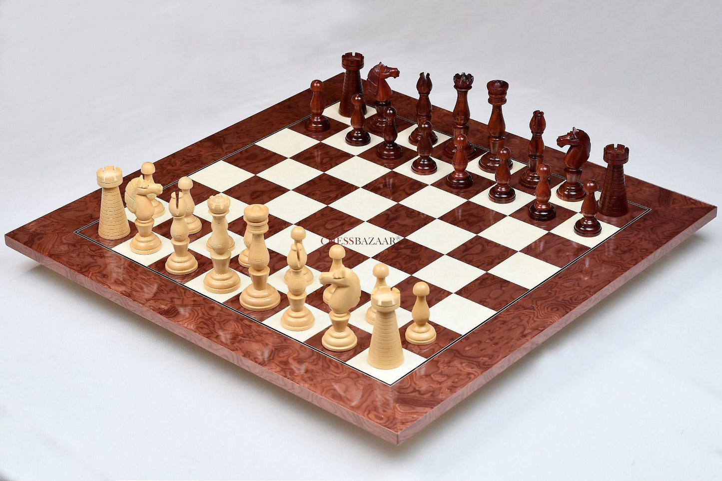 Combo of The Grand Divan Chess Pieces from Simpson's-in-the-Strand in Bud Rosewood & Boxwood with Board & Storage box-4.2" King w/ Extra Queens