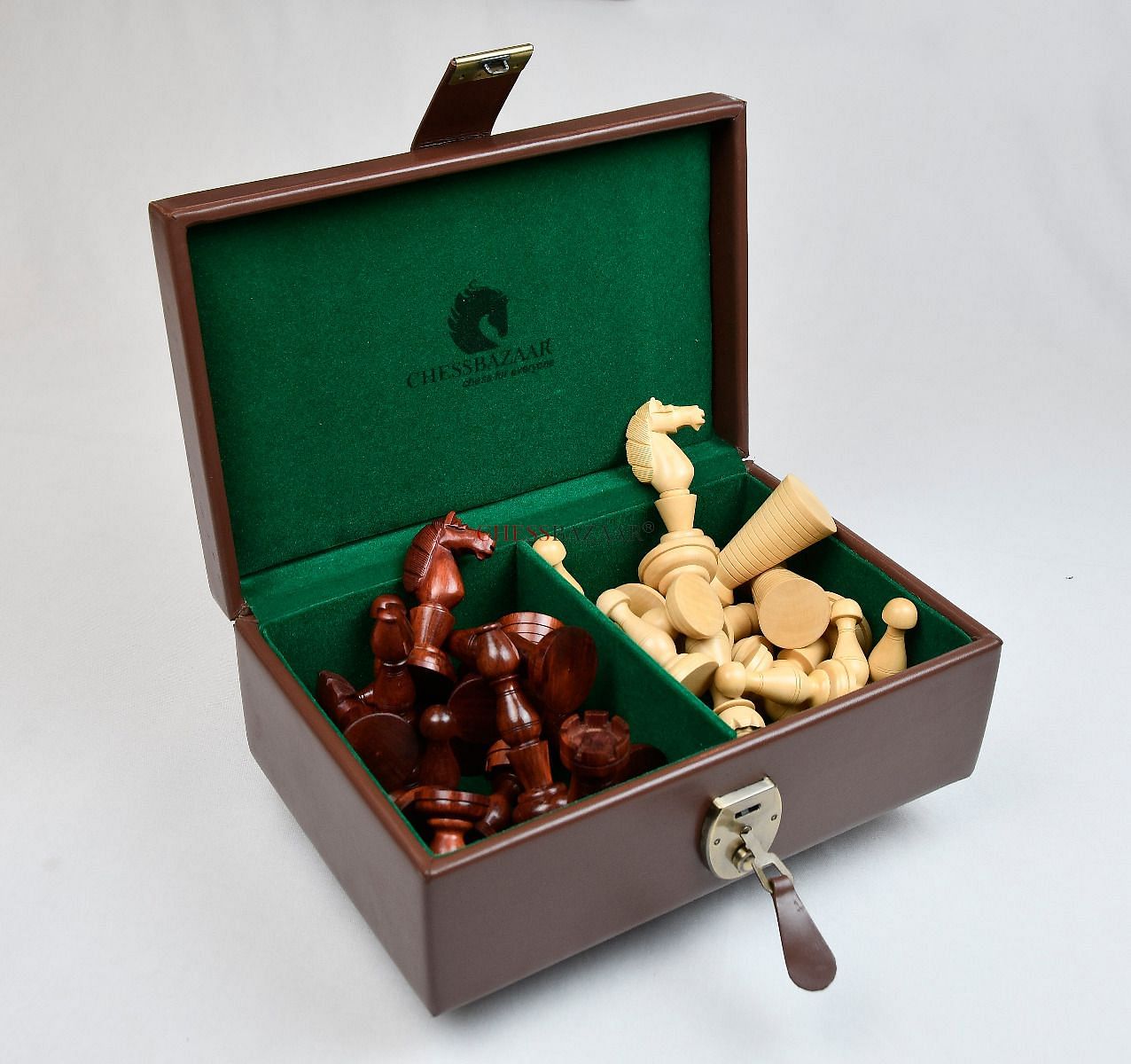 Combo of The Grand Divan Chess Pieces from Simpson's-in-the-Strand in Bud Rosewood & Boxwood with Board & Storage box-4.2" King w/ Extra Queens