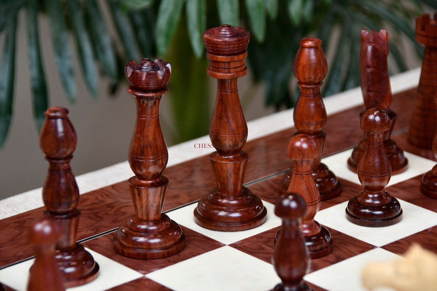 Combo of The Grand Divan Chess Pieces from Simpson's-in-the-Strand in Bud Rosewood & Boxwood with Board & Storage box-4.2" King w/ Extra Queens