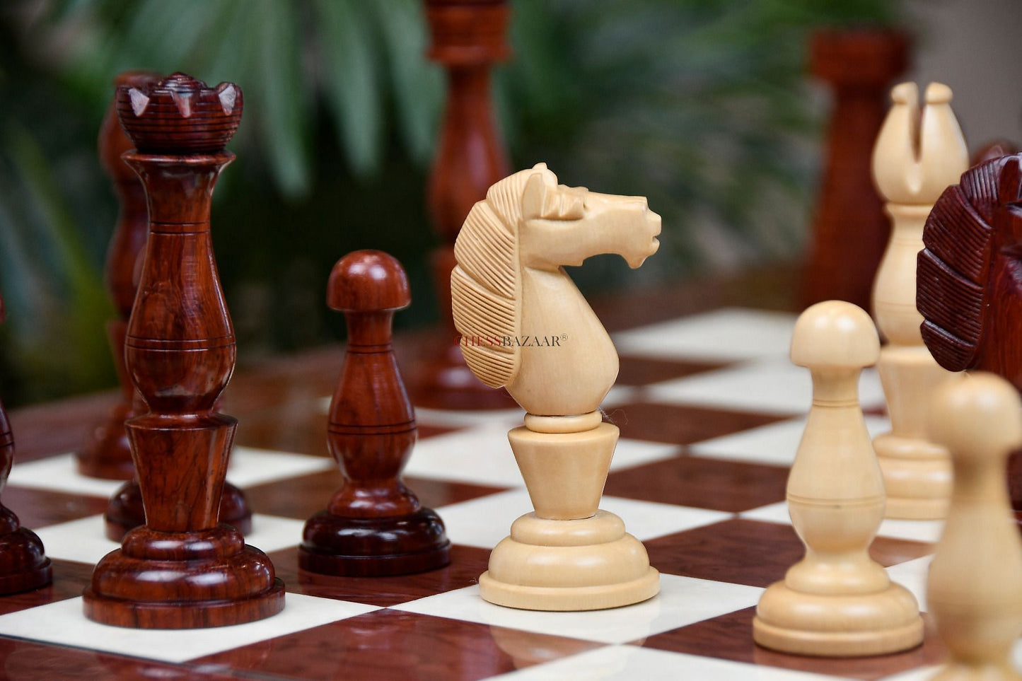 Combo of The Grand Divan Chess Pieces from Simpson's-in-the-Strand in Bud Rosewood & Boxwood with Board & Storage box-4.2" King w/ Extra Queens