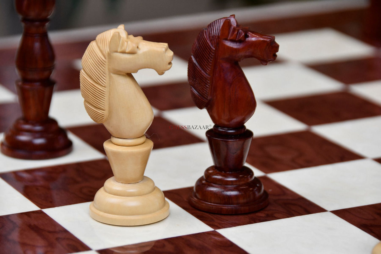 Combo of The Grand Divan Chess Pieces from Simpson's-in-the-Strand in Bud Rosewood & Boxwood with Board & Storage box-4.2" King w/ Extra Queens