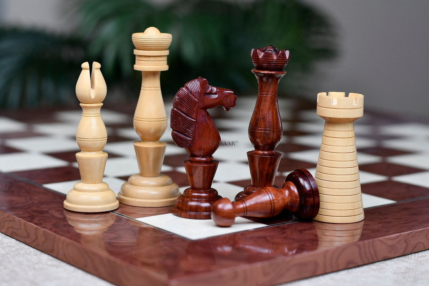 Combo of The Grand Divan Chess Pieces from Simpson's-in-the-Strand in Bud Rosewood & Boxwood with Board & Storage box-4.2" King w/ Extra Queens