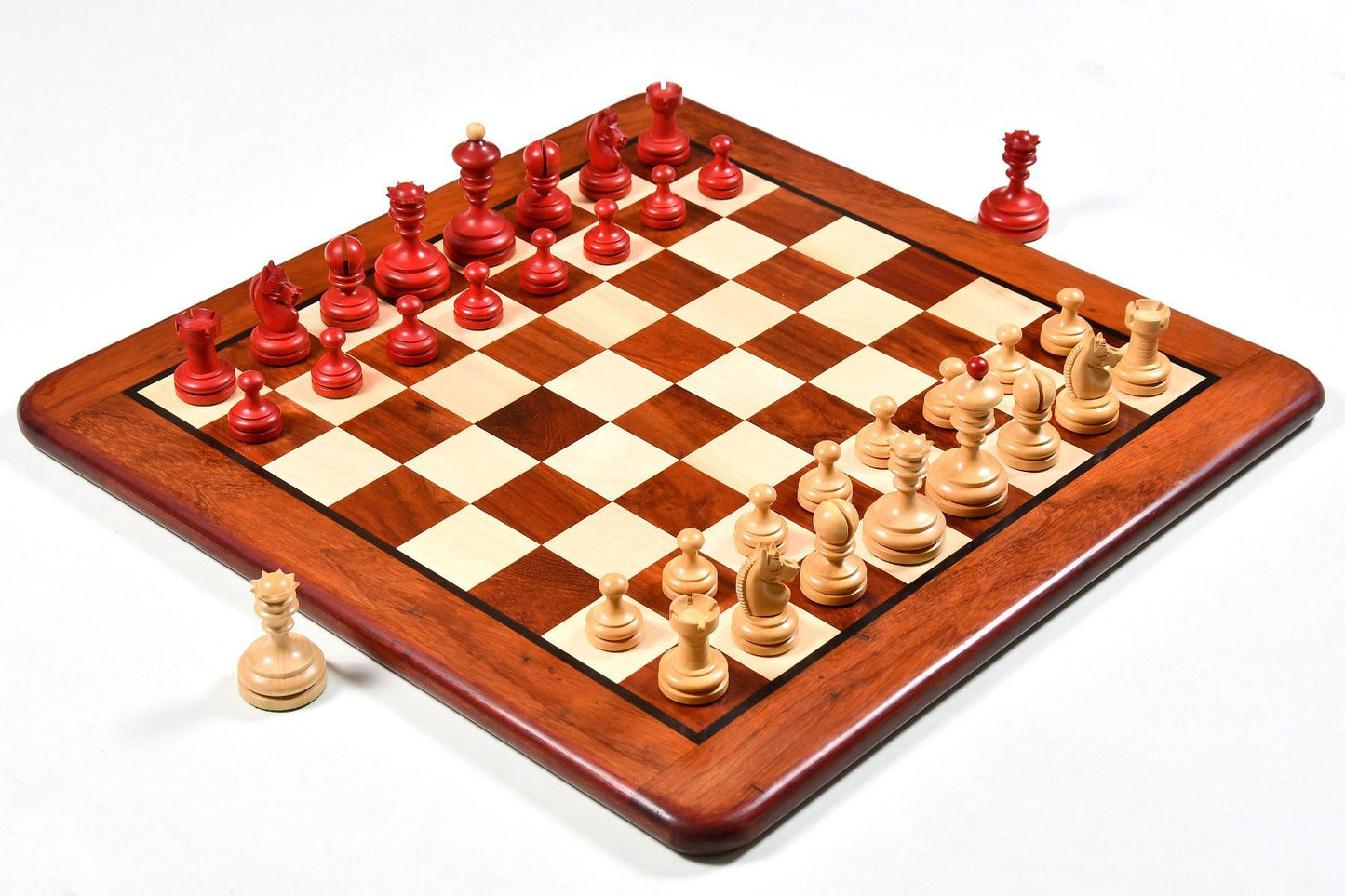 Repro Vintage 1930 German Knubbel Chess Set in Stained Crimson / Boxwood - 3" King with Board