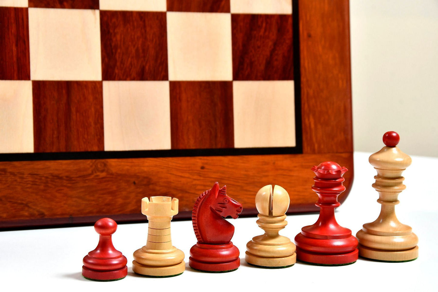 Repro Vintage 1930 German Knubbel Chess Set in Stained Crimson / Boxwood - 3" King with Board