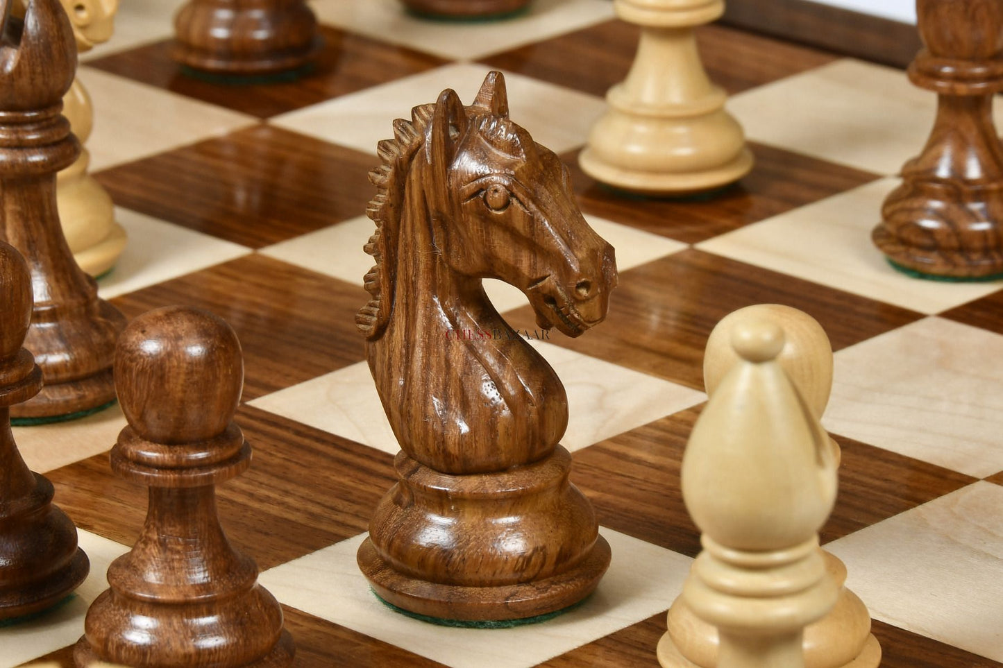 Derby Knight Staunton Weighted Chess Pieces in Sheesham & Boxwood - 4.1" King