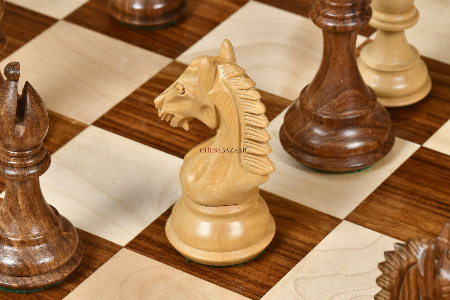 Derby Knight Staunton Weighted Chess Pieces in Sheesham & Boxwood - 4.1" King