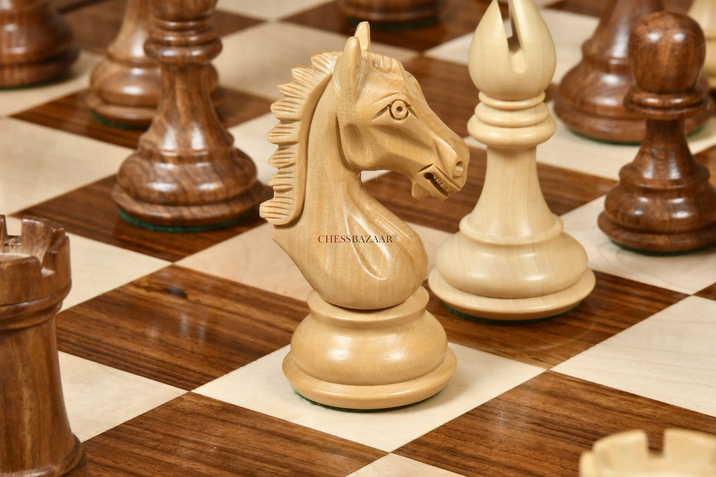 Derby Knight Staunton Weighted Chess Pieces in Sheesham & Boxwood - 4.1" King