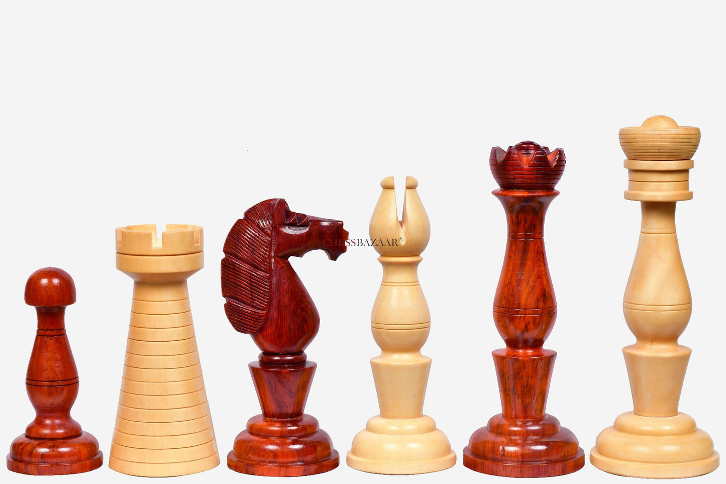 Combo of The Grand Divan Chess Pieces from Simpson's-in-the-Strand in Bud Rosewood & Boxwood with Board & Storage box-4.2" King w/ Extra Queens