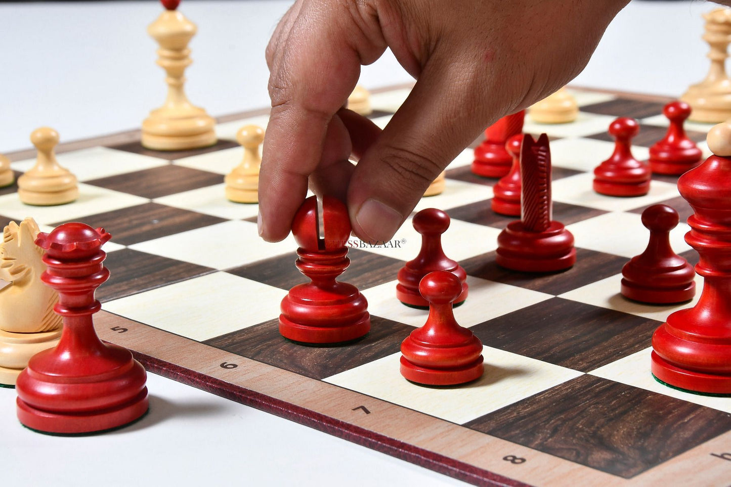 Reproduced Vintage 1930 Knubbel Analysis Chess Pieces in Stained Crimson and Boxwood with Folding Chessboard- 3" King