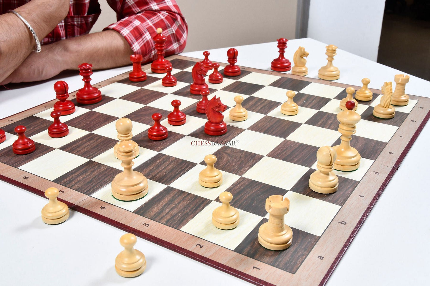 Reproduced Vintage 1930 Knubbel Analysis Chess Pieces in Stained Crimson and Boxwood with Folding Chessboard- 3" King