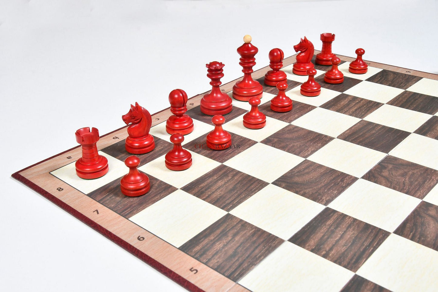 Reproduced Vintage 1930 Knubbel Analysis Chess Pieces in Stained Crimson and Boxwood with Folding Chessboard- 3" King