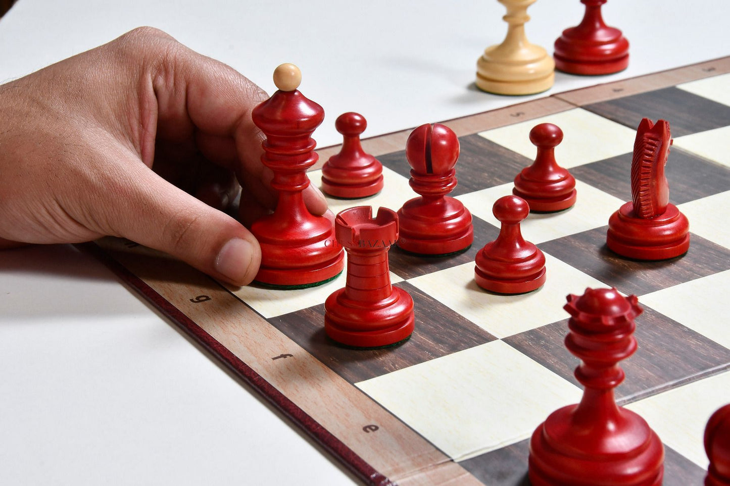 Reproduced Vintage 1930 Knubbel Analysis Chess Pieces in Stained Crimson and Boxwood with Folding Chessboard- 3" King