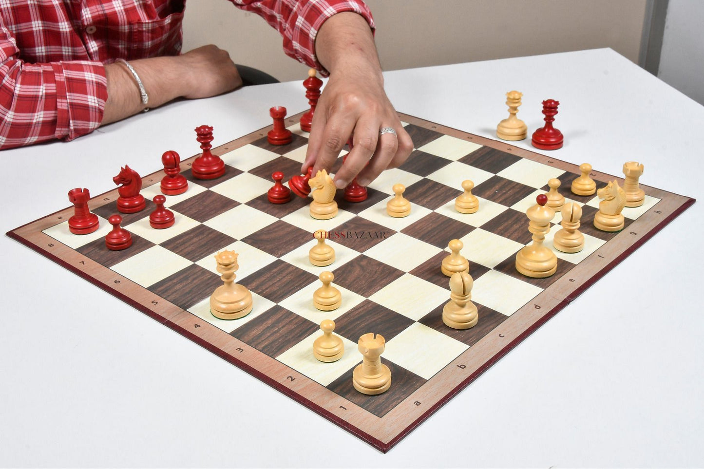 Reproduced Vintage 1930 Knubbel Analysis Chess Pieces in Stained Crimson and Boxwood with Folding Chessboard- 3" King