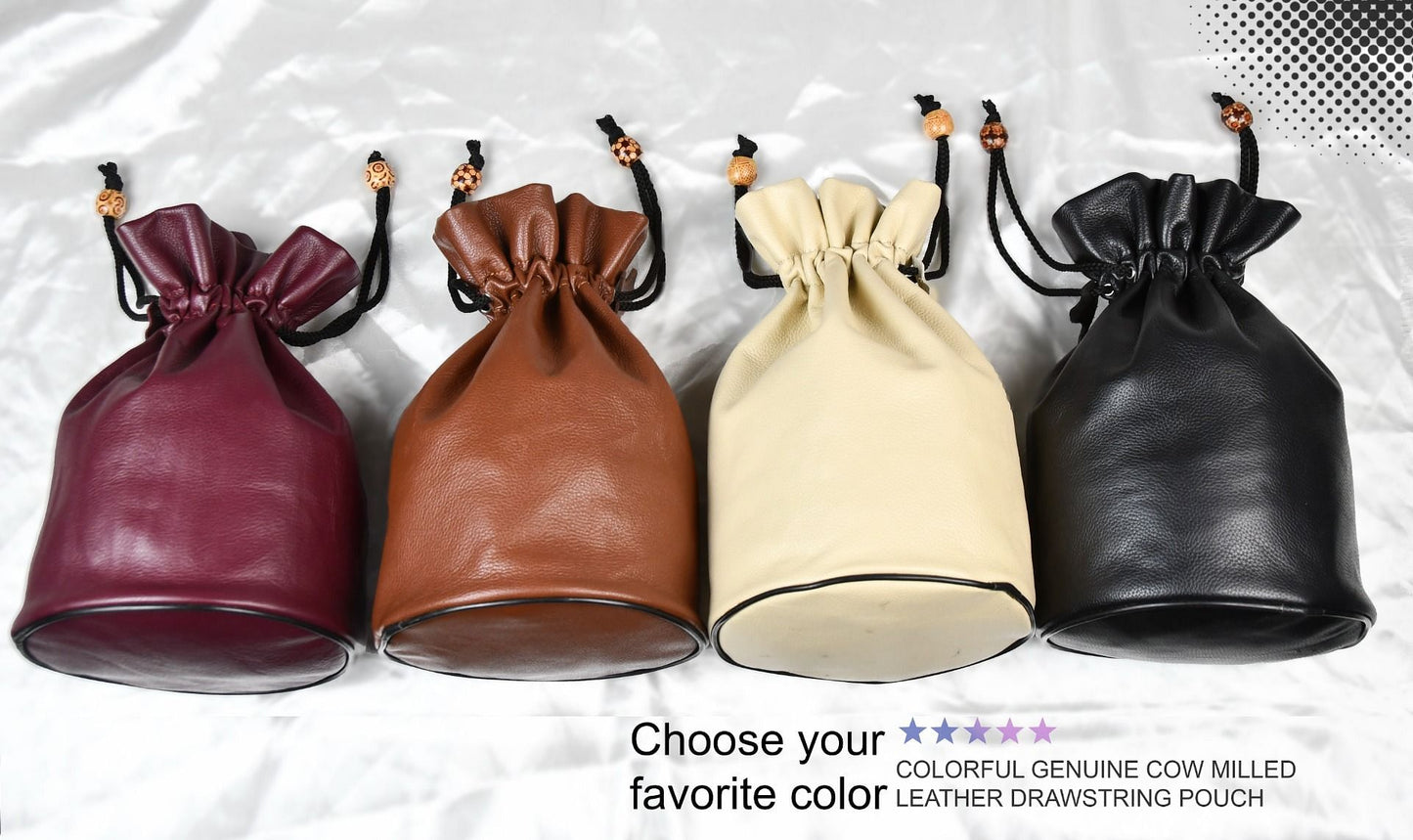 Genuine Cow Milled Leather Drawstring Storage Pouch for 4" to 5" King Chess Pieces