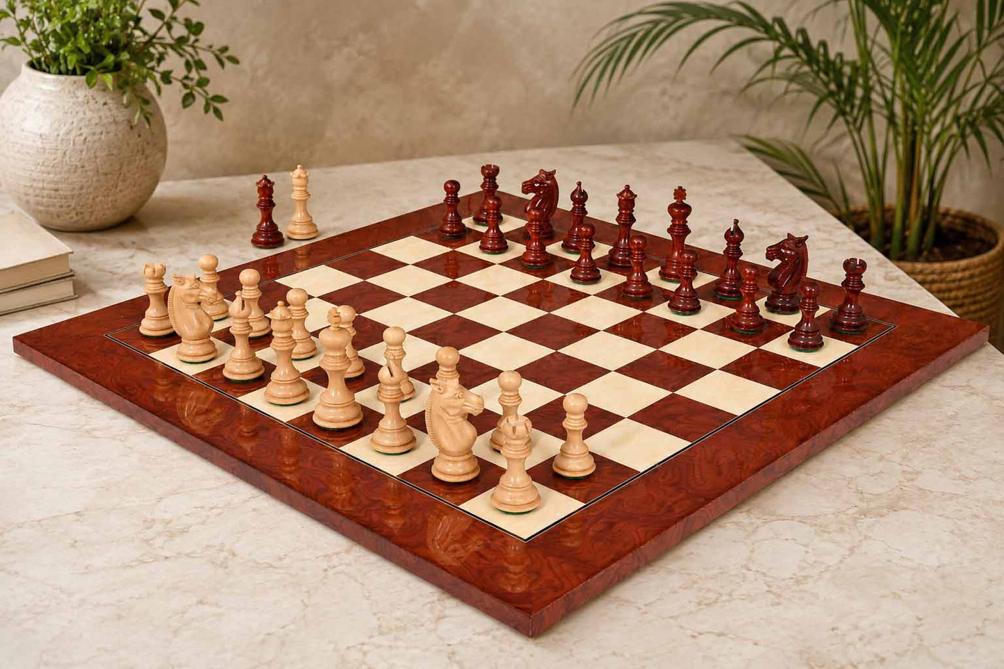 Meghdoot Staunton Chess Pieces in Bud Rose & Boxwood - 3.14" King with Board