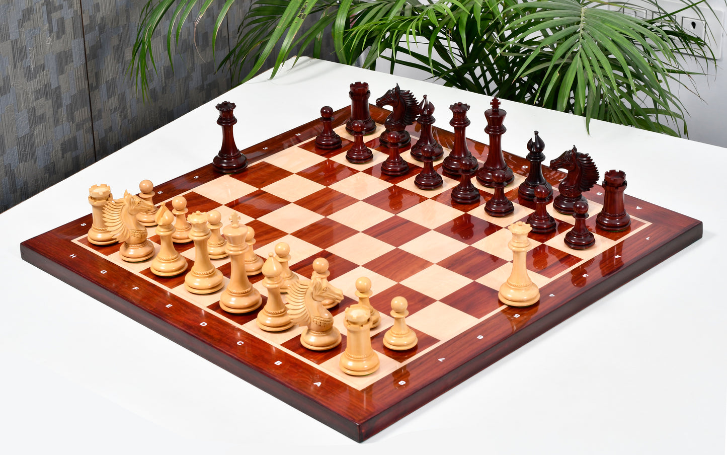 Combo of The Cb Mustang Series Weighted Chess Pieces in Bud Rose / Box Wood - 4.4" King With Extra Queens With Wooden Notation Chess Board