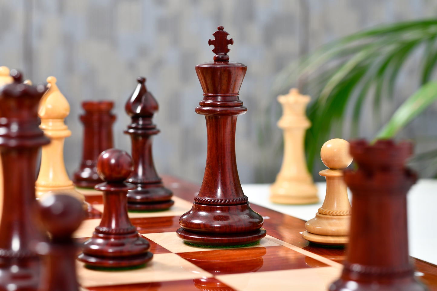 Combo of The Cb Mustang Series Weighted Chess Pieces in Bud Rose / Box Wood - 4.4" King With Extra Queens With Wooden Notation Chess Board