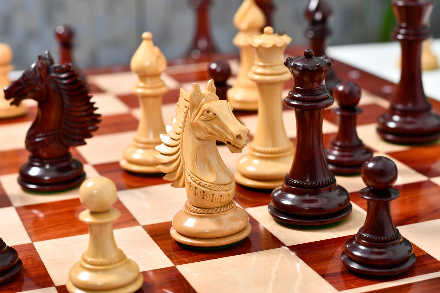 Combo of The Cb Mustang Series Weighted Chess Pieces in Bud Rose / Box Wood - 4.4" King With Extra Queens With Wooden Notation Chess Board