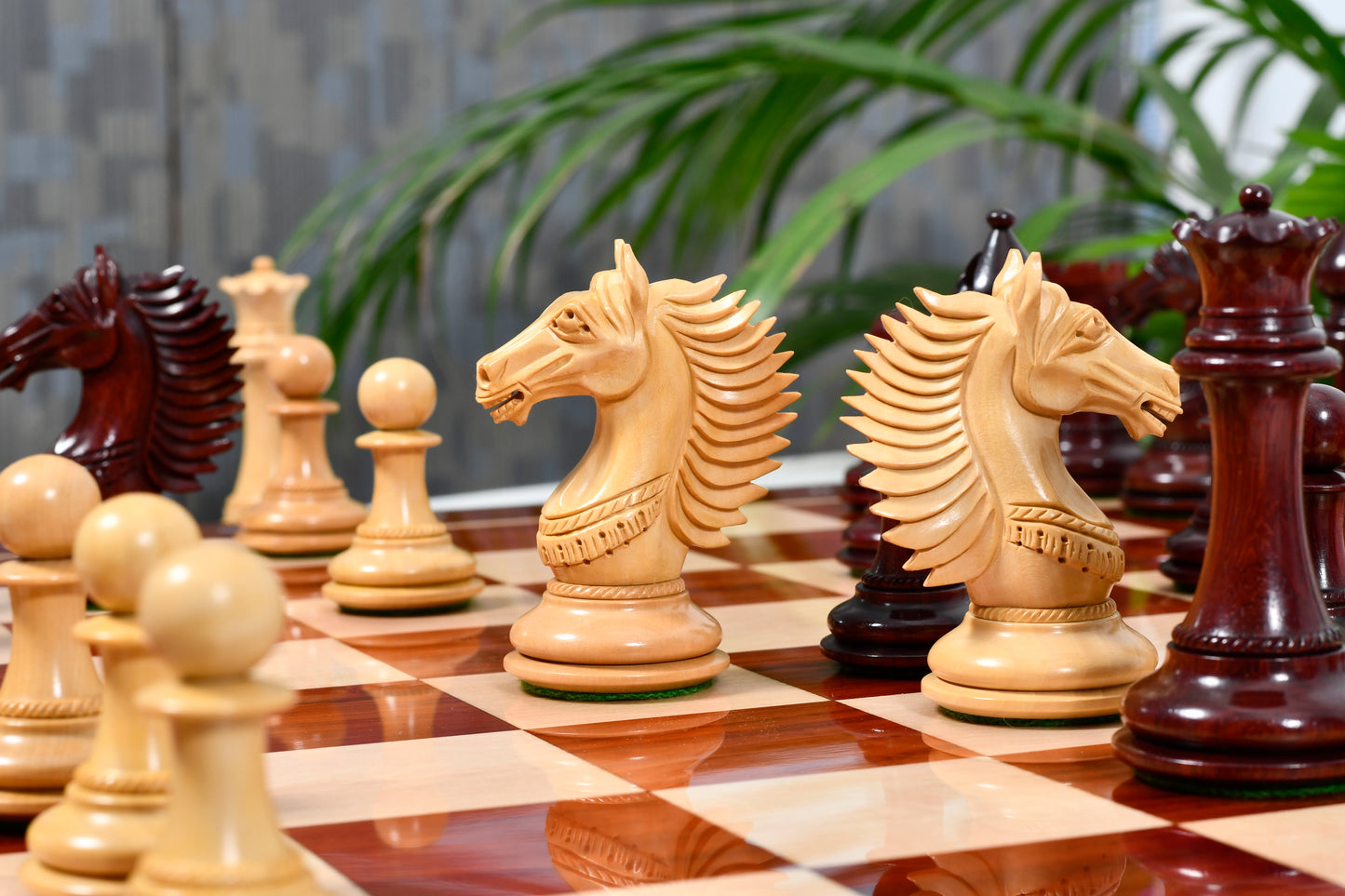 Combo of The Cb Mustang Series Weighted Chess Pieces in Bud Rose / Box Wood - 4.4" King With Extra Queens With Wooden Notation Chess Board