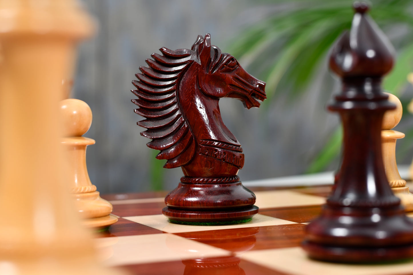 Combo of The Cb Mustang Series Weighted Chess Pieces in Bud Rose / Box Wood - 4.4" King With Extra Queens With Wooden Notation Chess Board