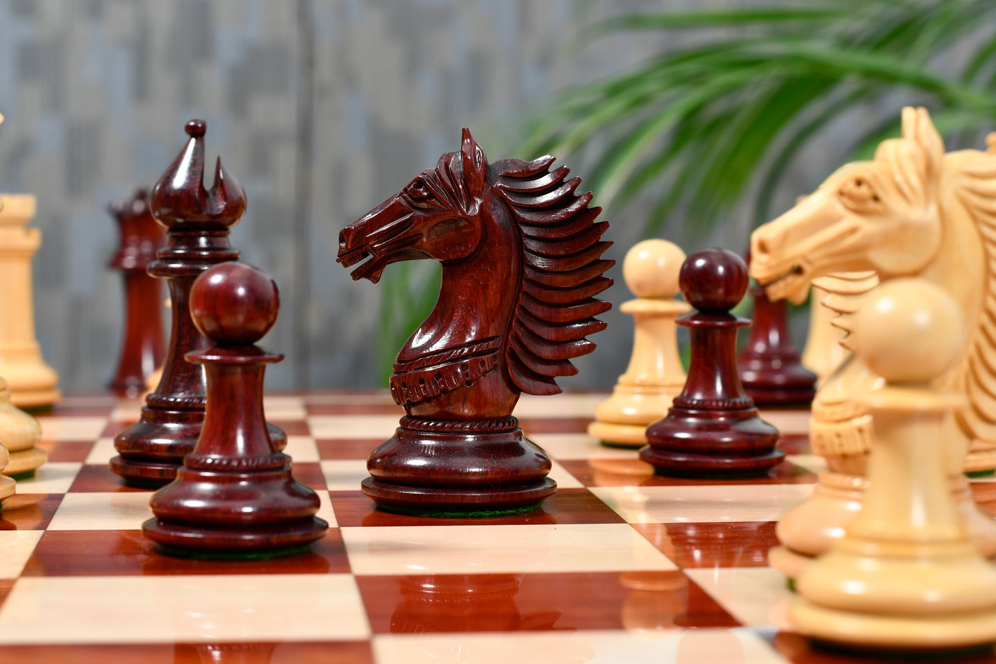 Combo of The Cb Mustang Series Weighted Chess Pieces in Bud Rose / Box Wood - 4.4" King With Extra Queens With Wooden Notation Chess Board