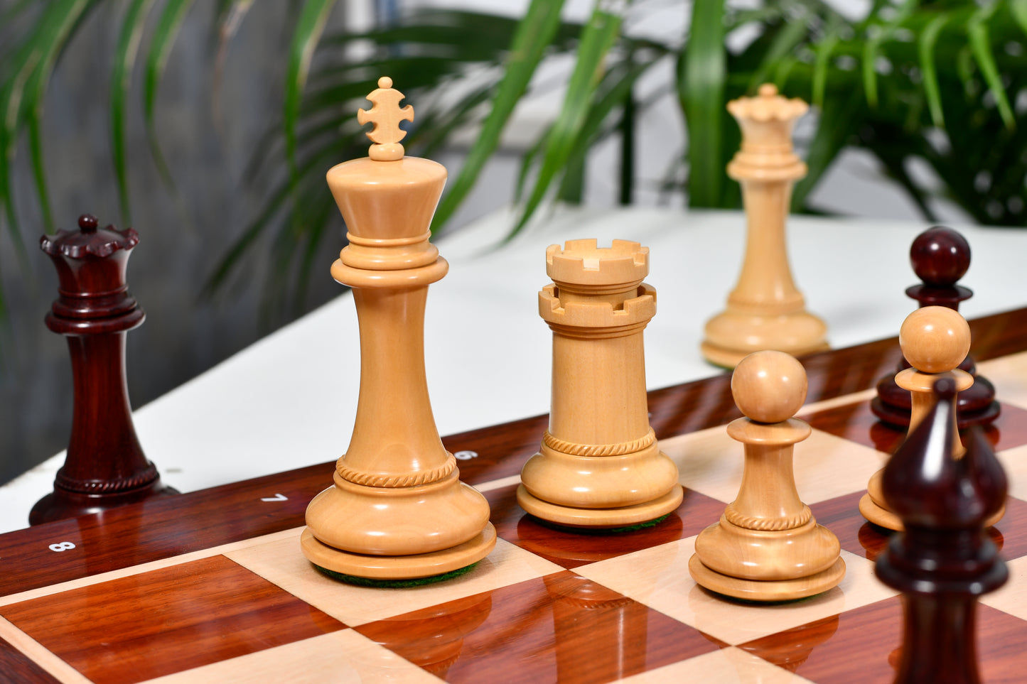 Combo of The Cb Mustang Series Weighted Chess Pieces in Bud Rose / Box Wood - 4.4" King With Extra Queens With Wooden Notation Chess Board