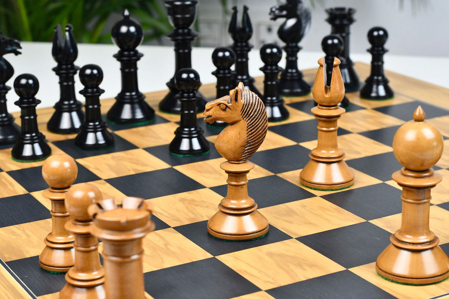 Exclusive Repro Old Antique Edinburgh Upright Chess Pieces in Distressed Boxwood and Ebonized Wood - 4.4" King with Extra Queens