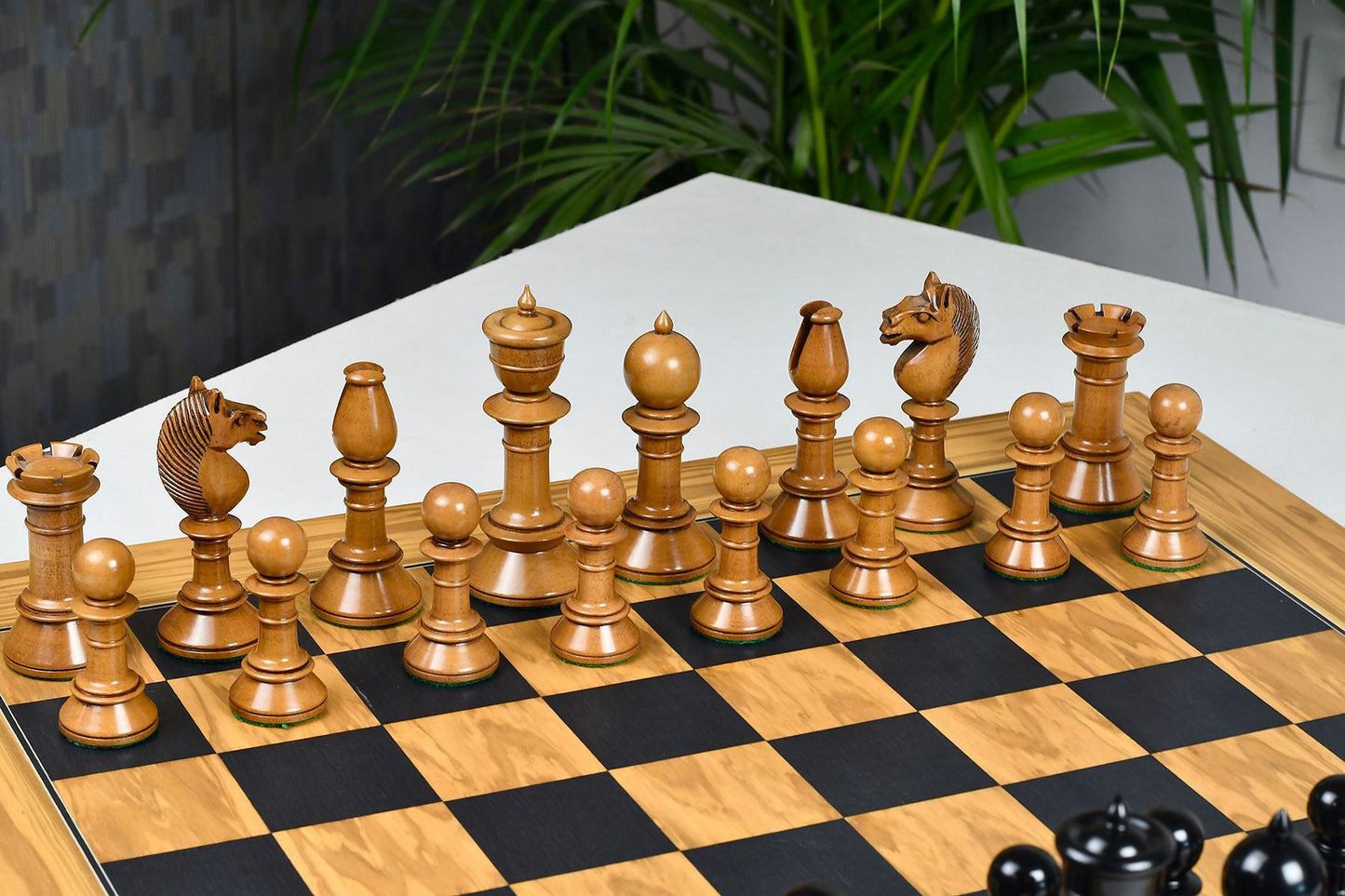 Exclusive Repro Old Antique Edinburgh Upright Chess Pieces in Distressed Boxwood and Ebonized Wood - 4.4" King with Extra Queens