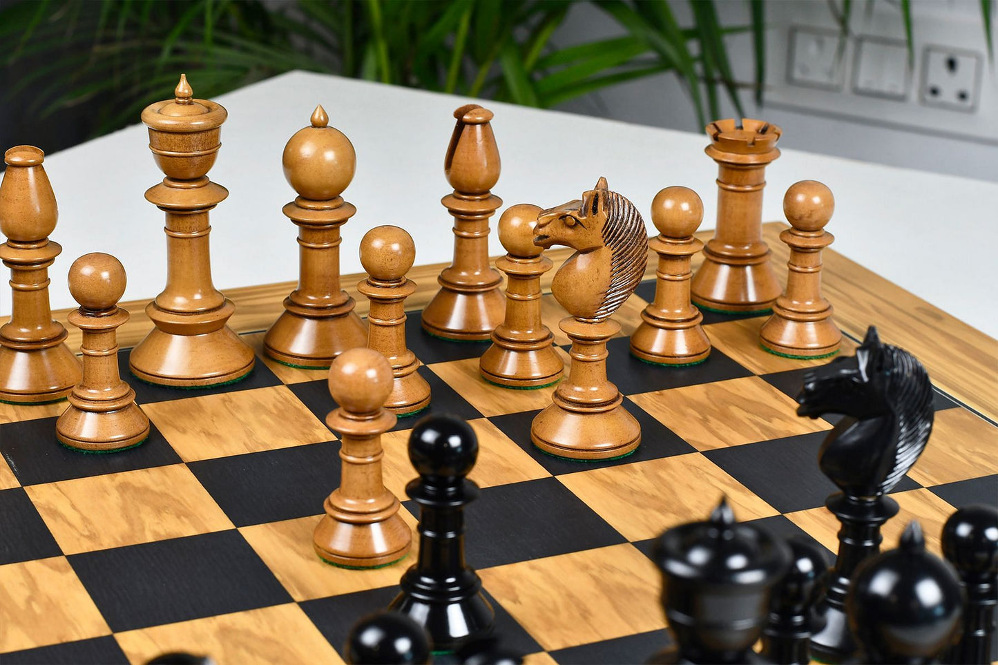 Exclusive Repro Old Antique Edinburgh Upright Chess Pieces in Distressed Boxwood and Ebonized Wood - 4.4" King with Extra Queens