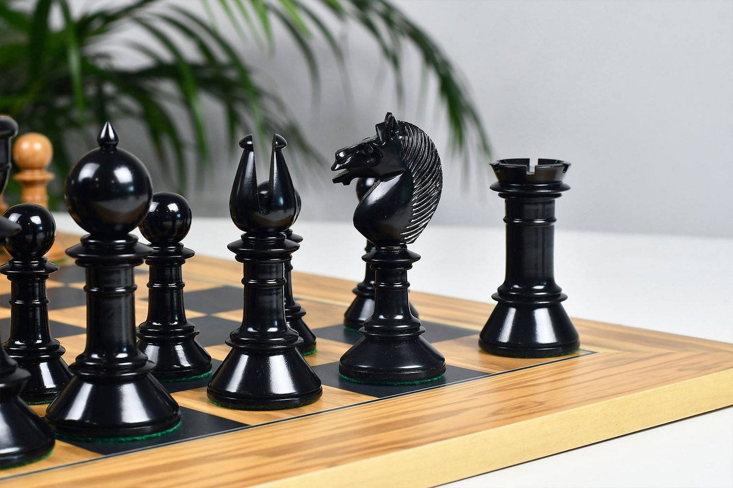 Exclusive Repro Old Antique Edinburgh Upright Chess Pieces in Distressed Boxwood and Ebonized Wood - 4.4" King with Extra Queens