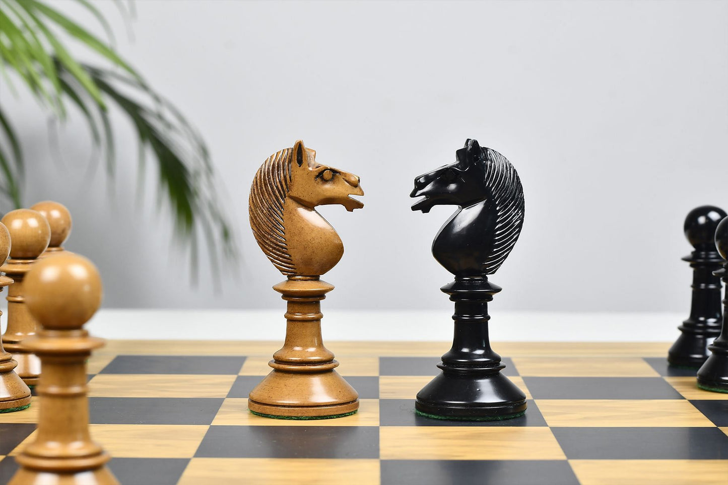 Exclusive Repro Old Antique Edinburgh Upright Chess Pieces in Distressed Boxwood and Ebonized Wood - 4.4" King with Extra Queens