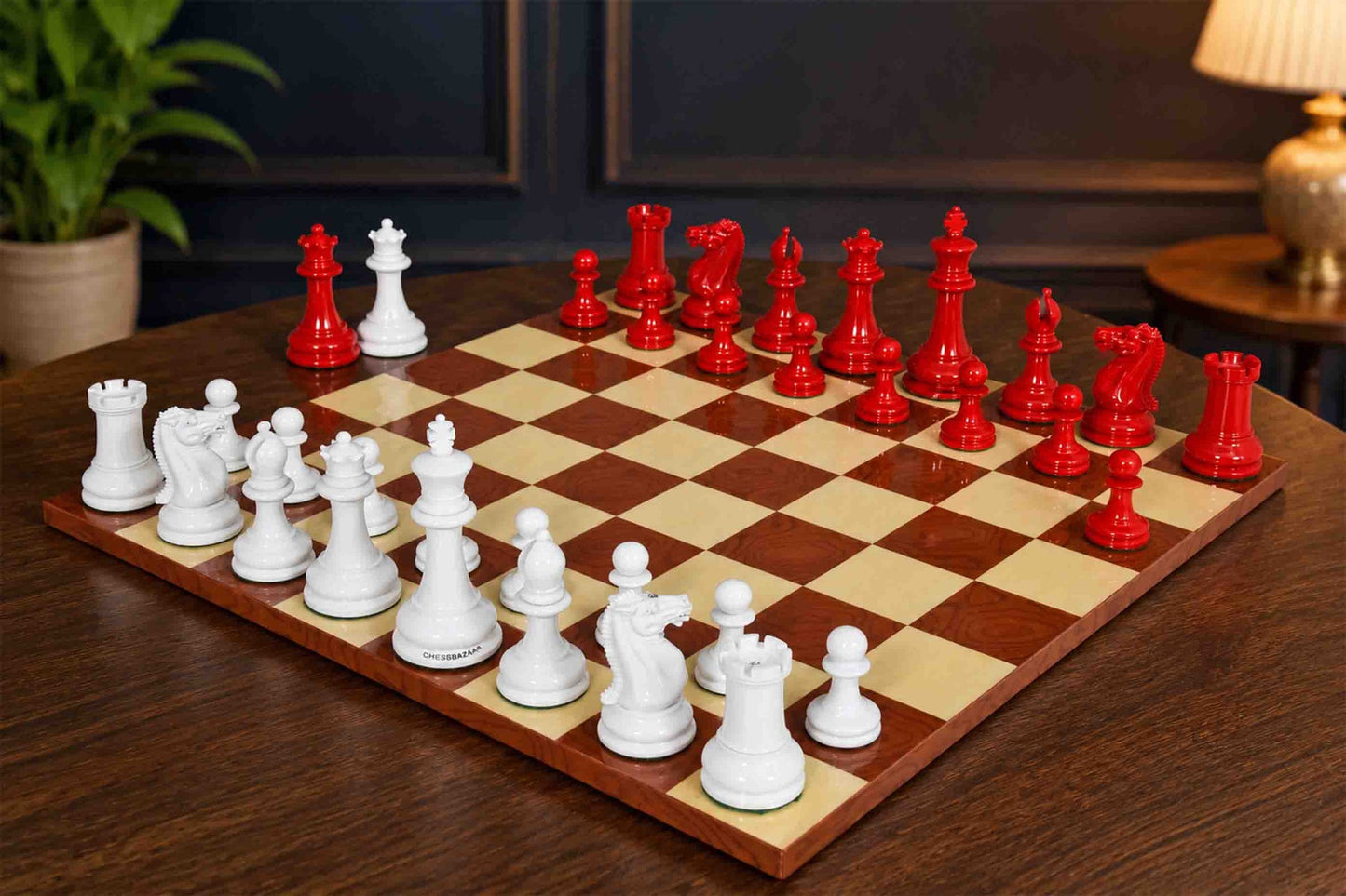 Combo of Reproduced 1849 Original Staunton Pattern Chess Pieces in Lacquer Finished Painted Crimson & Ivory White - 4.5" King with Red Ash Burl Maple Hi Gloss Finish Chess Board - 19"