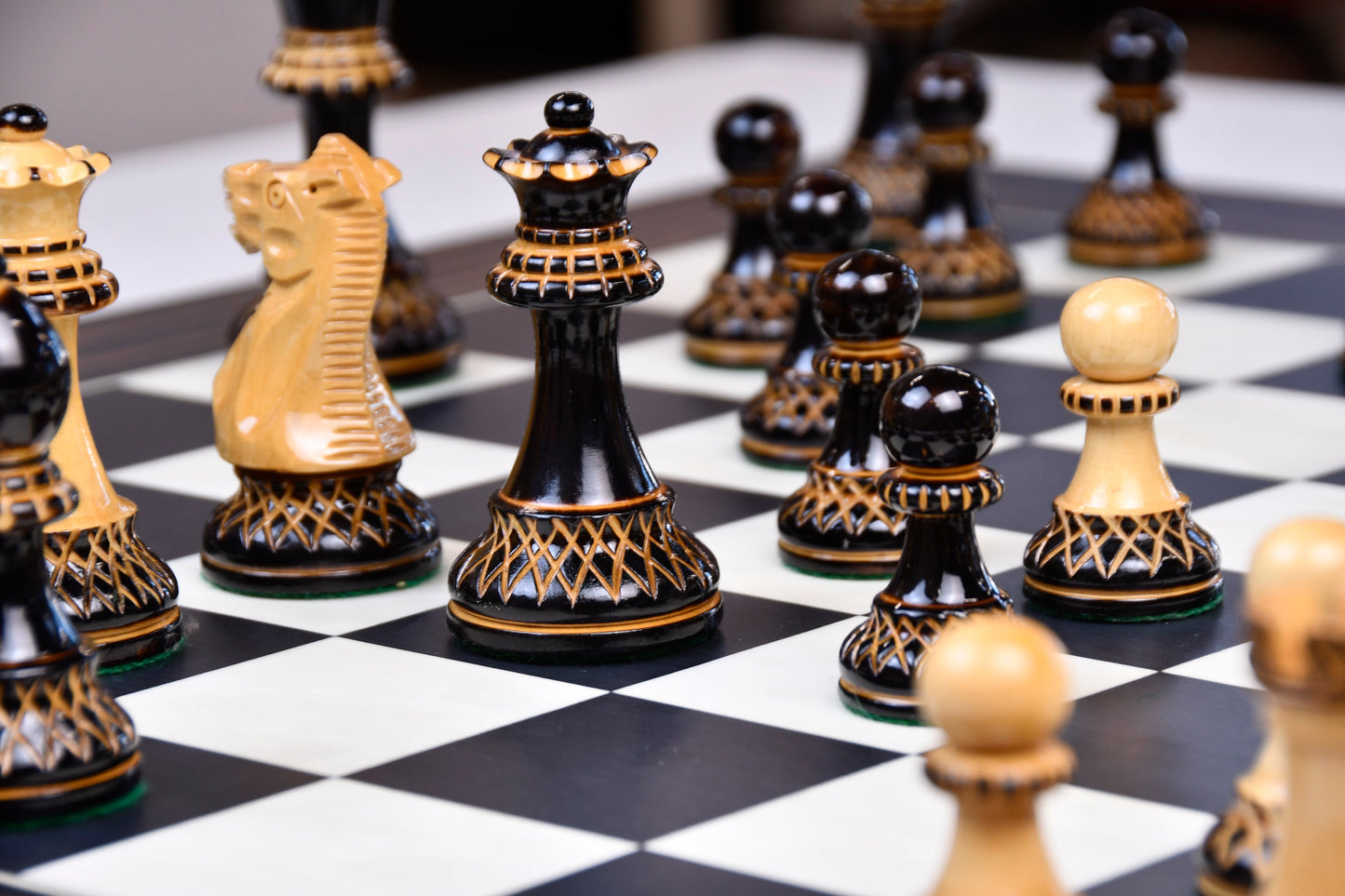 The Parker Staunton Series Lacquered Chess Pieces in Burnt Boxwood & Natural Boxwood - 3.9" King