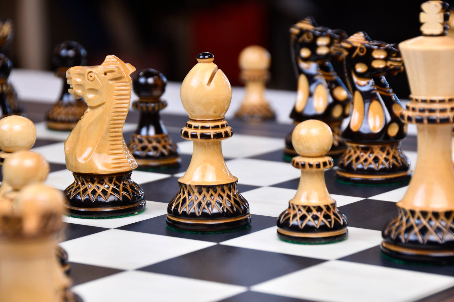 The Parker Staunton Series Lacquered Chess Pieces in Burnt Boxwood & Natural Boxwood - 3.9" King