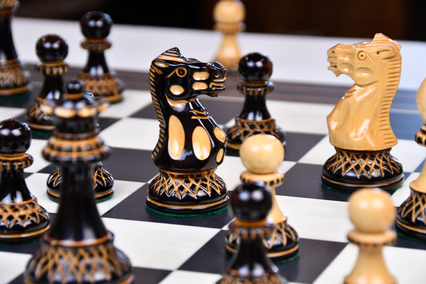 The Parker Staunton Series Lacquered Chess Pieces in Burnt Boxwood & Natural Boxwood - 3.9" King