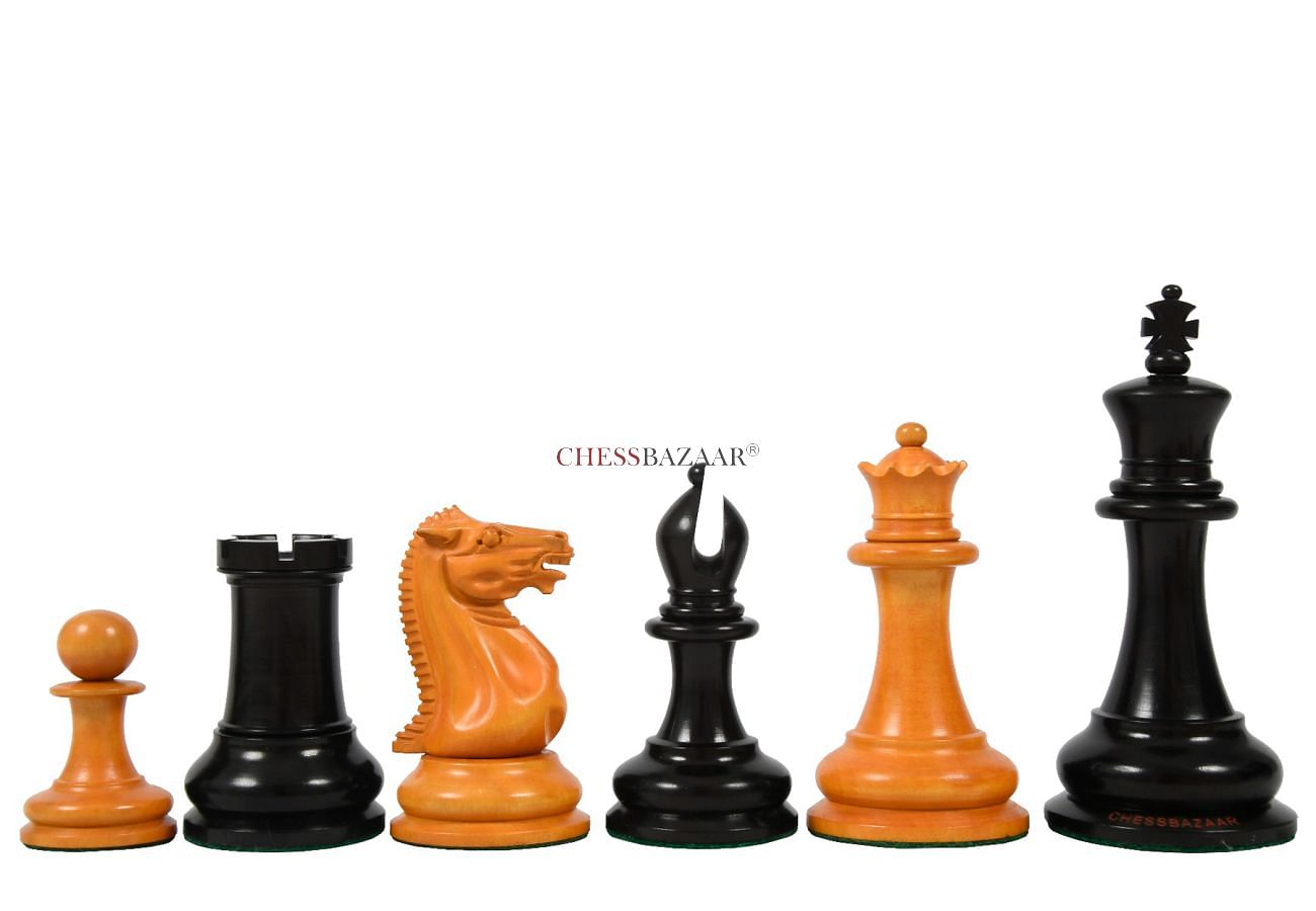 Reproduced 1849 Original Staunton Pattern Triple Weighted Chess Pieces in Genuine Ebony & Antiqued Boxwood - 4.5" King w/ King Side Stamping