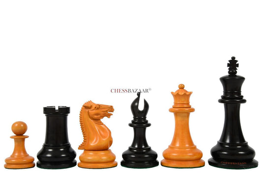 Reproduced 1849 Original Staunton Pattern Triple Weighted Chess Pieces in Genuine Ebony & Antiqued Boxwood - 4.5" King w/ King Side Stamping