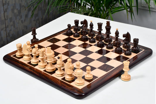 Combo of Reproduced Romanian-Hungarian National Tournament Weighted Chess Pieces in Indian Rosewood & Natural Boxwood - 3.8" King with Wooden Chess Board