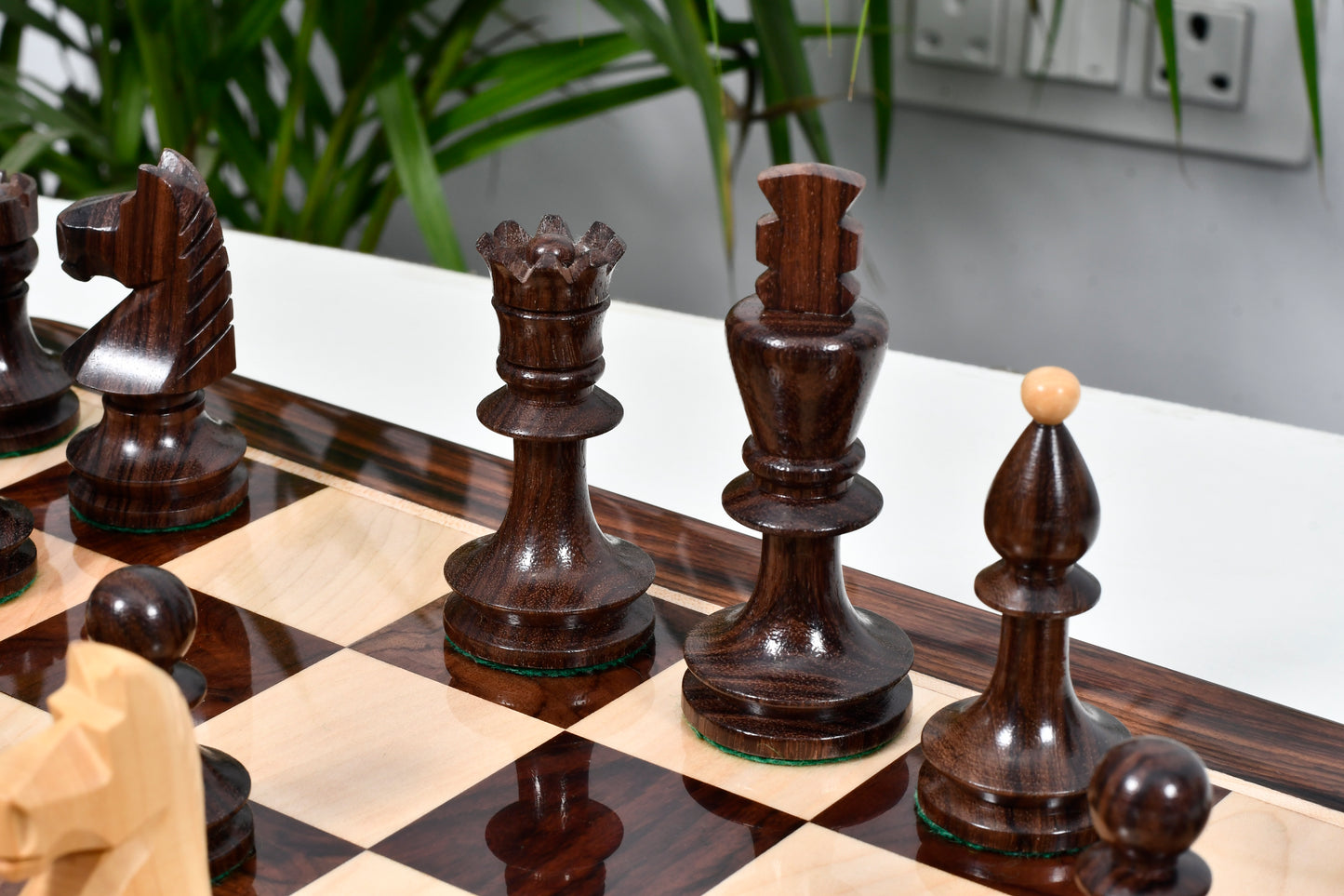 Combo of Reproduced Romanian-Hungarian National Tournament Weighted Chess Pieces in Indian Rosewood & Natural Boxwood - 3.8" King with Wooden Chess Board