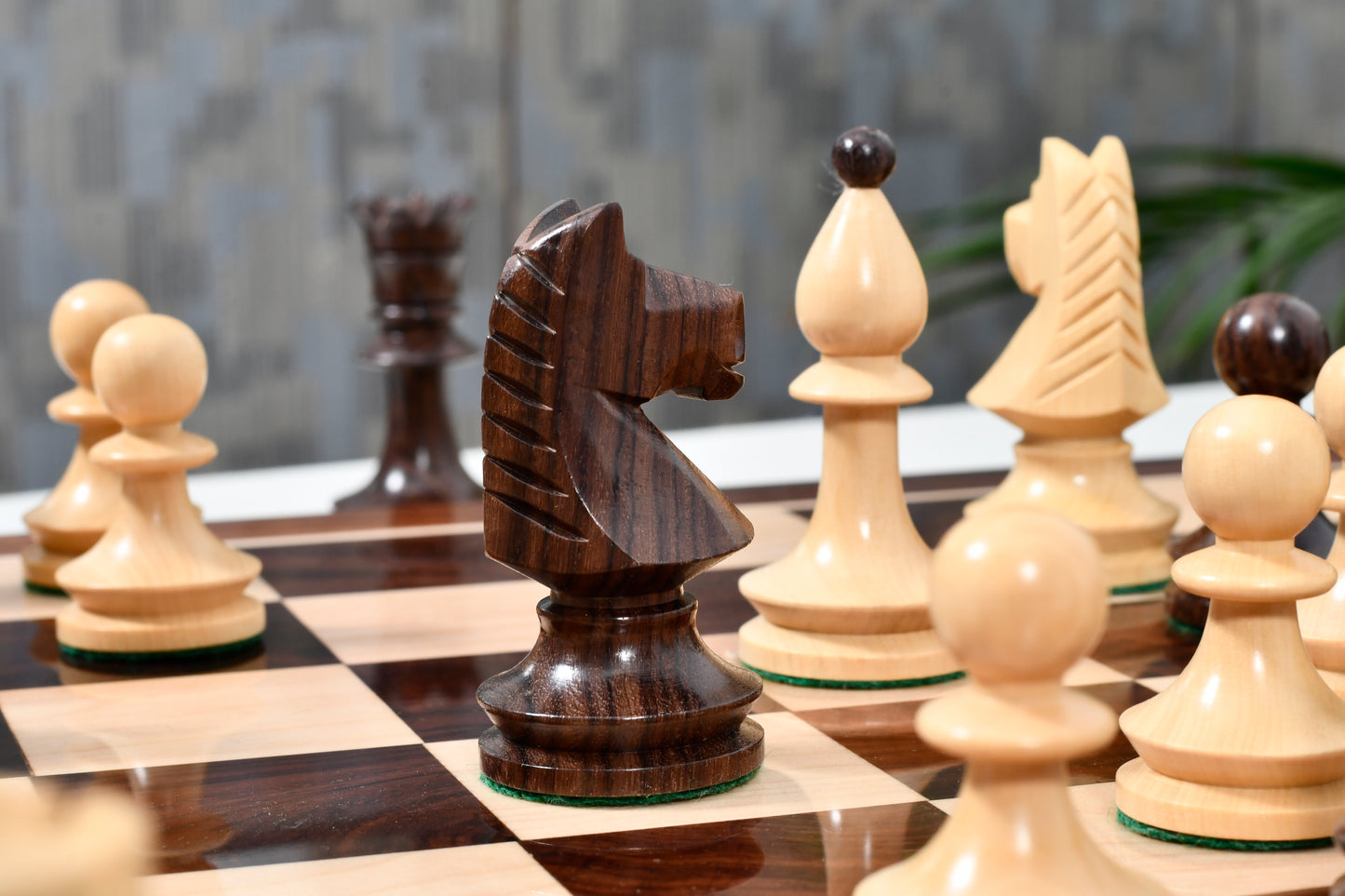 Combo of Reproduced Romanian-Hungarian National Tournament Weighted Chess Pieces in Indian Rosewood & Natural Boxwood - 3.8" King with Wooden Chess Board