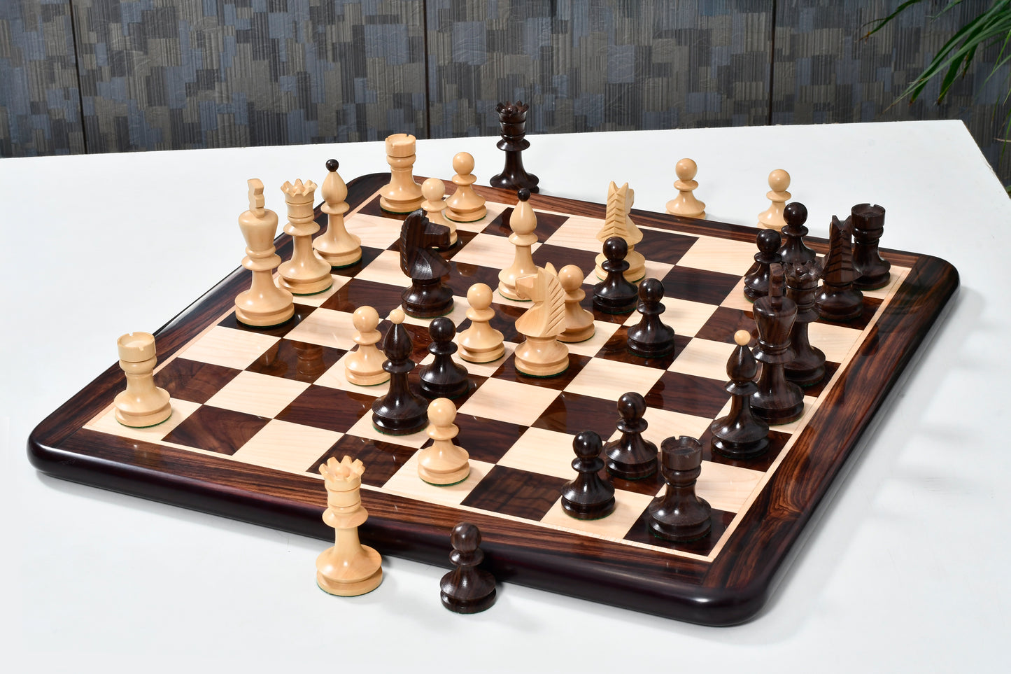 Combo of Reproduced Romanian-Hungarian National Tournament Weighted Chess Pieces in Indian Rosewood & Natural Boxwood - 3.8" King with Wooden Chess Board