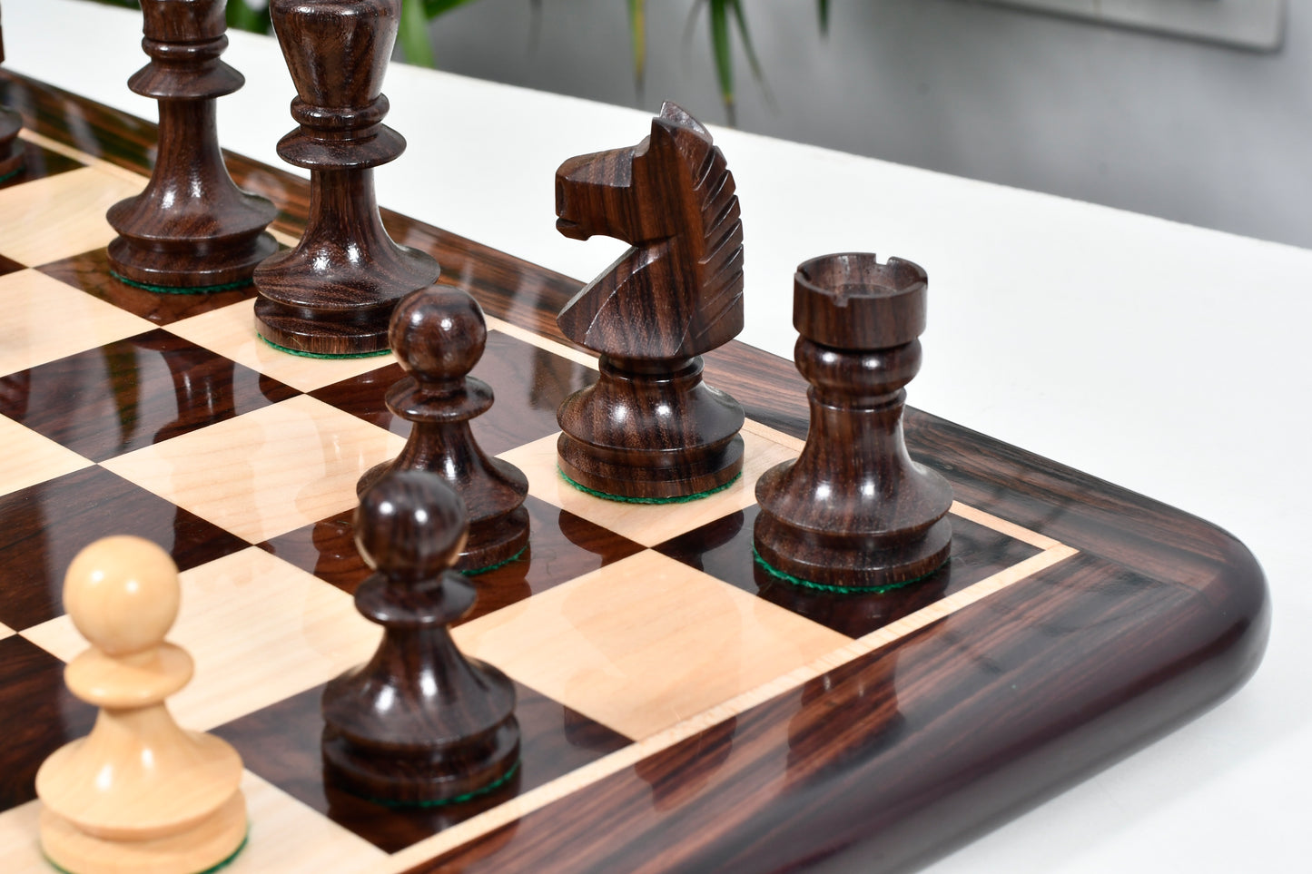 Combo of Reproduced Romanian-Hungarian National Tournament Weighted Chess Pieces in Indian Rosewood & Natural Boxwood - 3.8" King with Wooden Chess Board